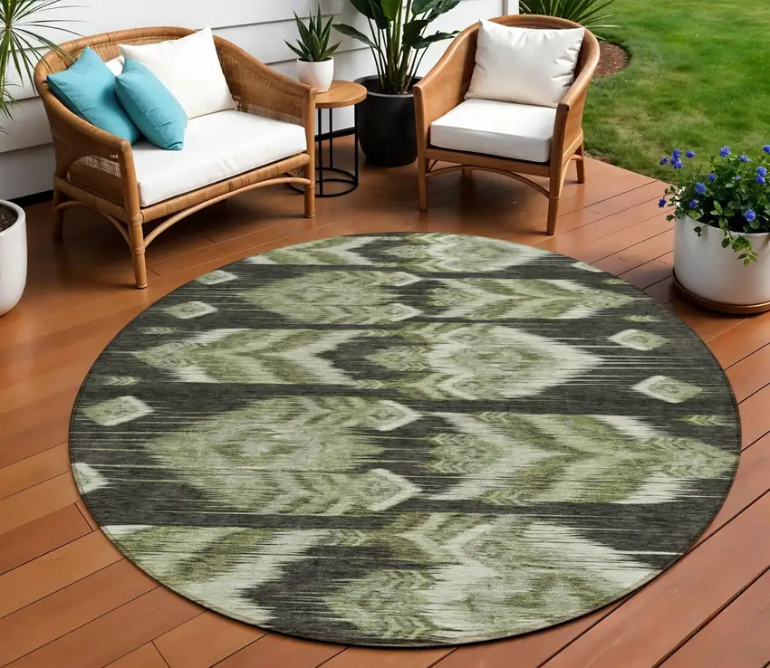 8' Olive Green And Artichoke Green Round Southwestern Washable Indoor Outdoor Area Rug Photo 1