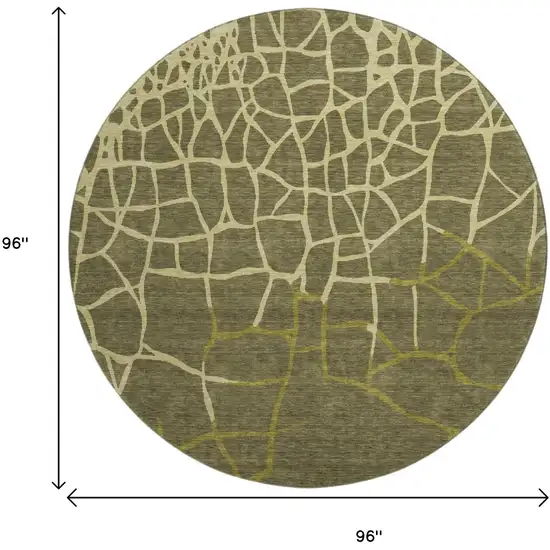 8' Olive Green And Beige Abstract Geometric Washable Round Rug With UV Protection Photo 9