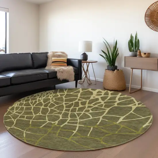 8' Olive Green And Beige Abstract Geometric Washable Round Rug With UV Protection Photo 4