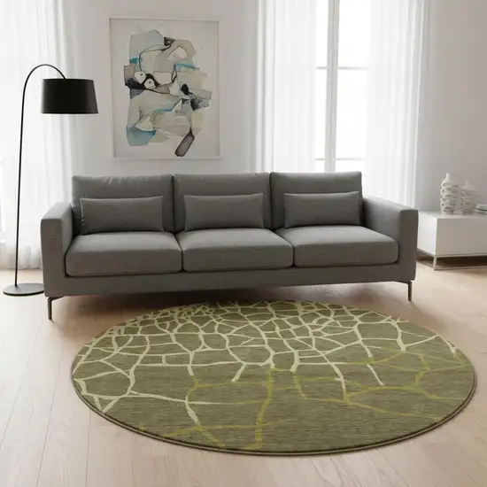 8' Olive Green And Beige Abstract Geometric Washable Round Rug With UV Protection Photo 2