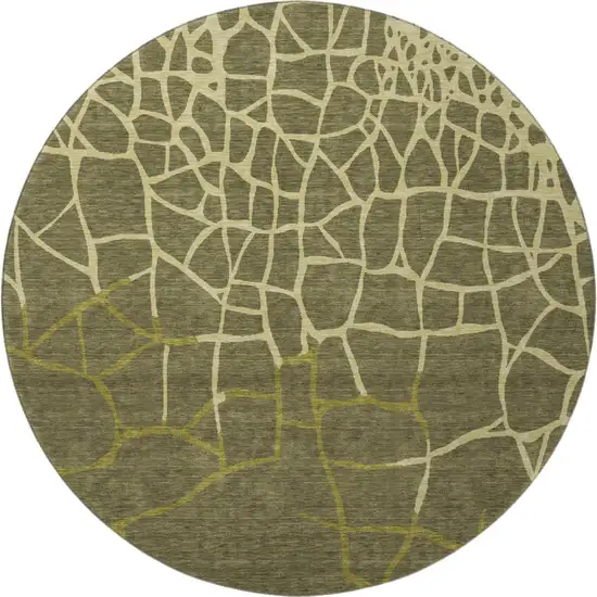8' Olive Green And Beige Abstract Geometric Washable Round Rug With UV Protection Photo 3