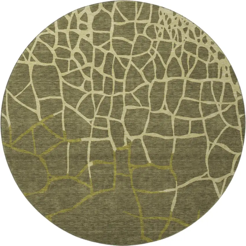8' Olive Green And Beige Abstract Geometric Washable Round Rug With UV Protection Photo 3