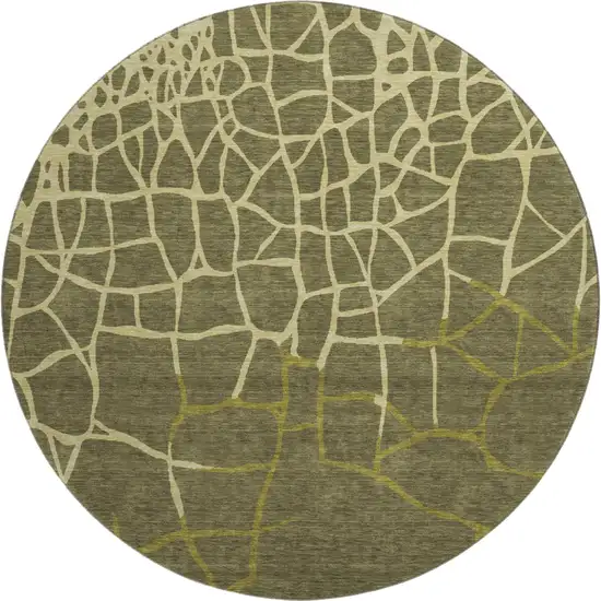 8' Olive Green And Beige Abstract Geometric Washable Round Rug With UV Protection Photo 1