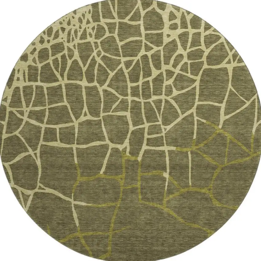 8' Olive Green And Beige Abstract Geometric Washable Round Rug With UV Protection Photo 2