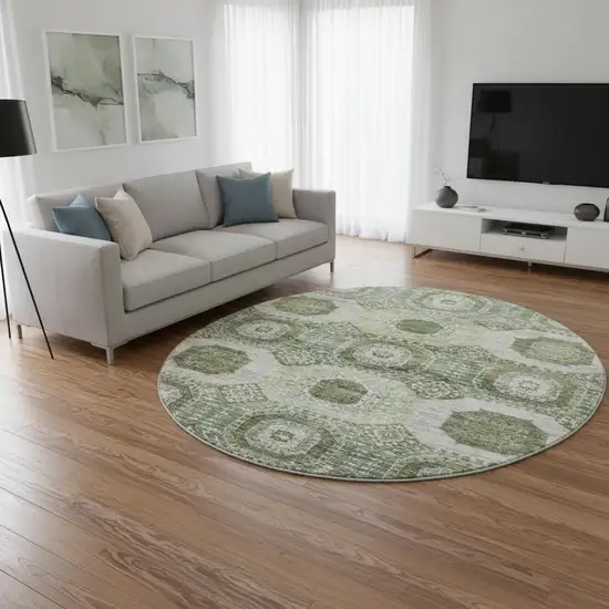 8' Olive Green And Beige Abstract Geometric Washable Round Rug With UV Protection Photo 2