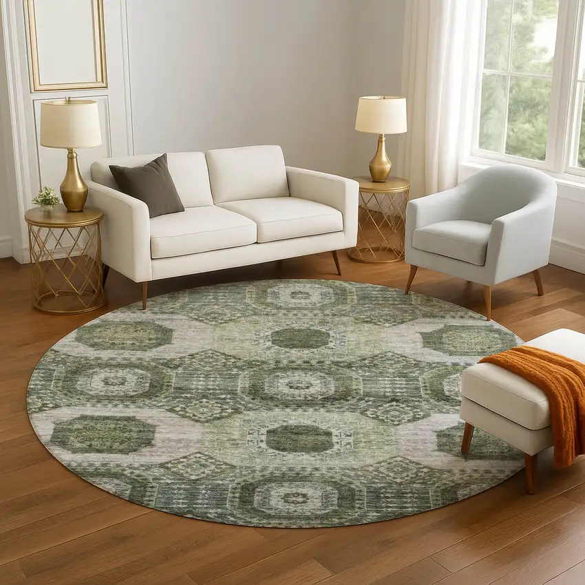 8' Olive Green And Beige Abstract Geometric Washable Round Rug With UV Protection Photo 5