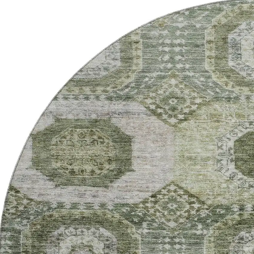 8' Olive Green And Beige Abstract Geometric Washable Round Rug With UV Protection Photo 4