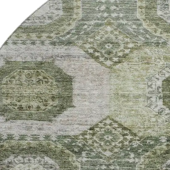 8' Olive Green And Beige Abstract Geometric Washable Round Rug With UV Protection Photo 3