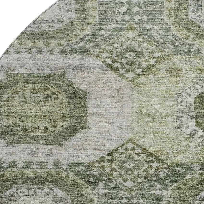 8' Olive Green And Beige Abstract Geometric Washable Round Rug With UV Protection Photo 3