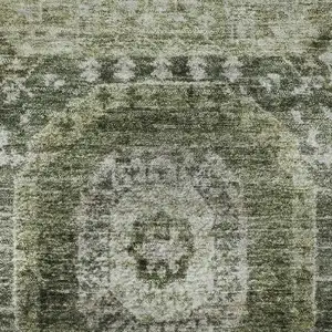 Photo of 8' Olive Green And Beige Abstract Geometric Washable Round Rug With UV Protection