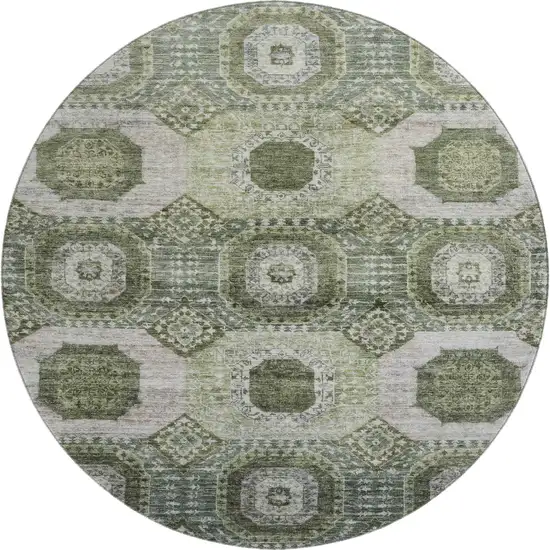 8' Olive Green And Beige Abstract Geometric Washable Round Rug With UV Protection Photo 1