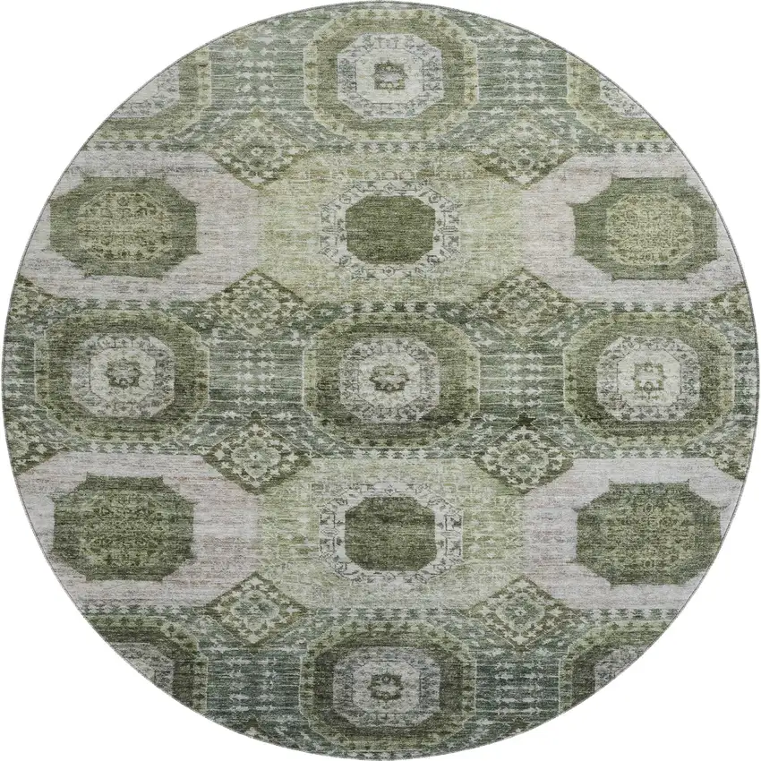 8' Olive Green And Beige Abstract Geometric Washable Round Rug With UV Protection Photo 1