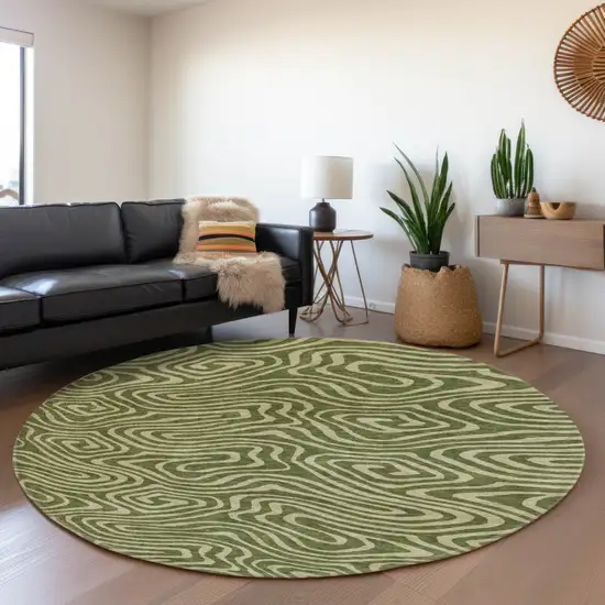 8' Olive Green And Beige Abstract Washable Round Rug With UV Protection Photo 4