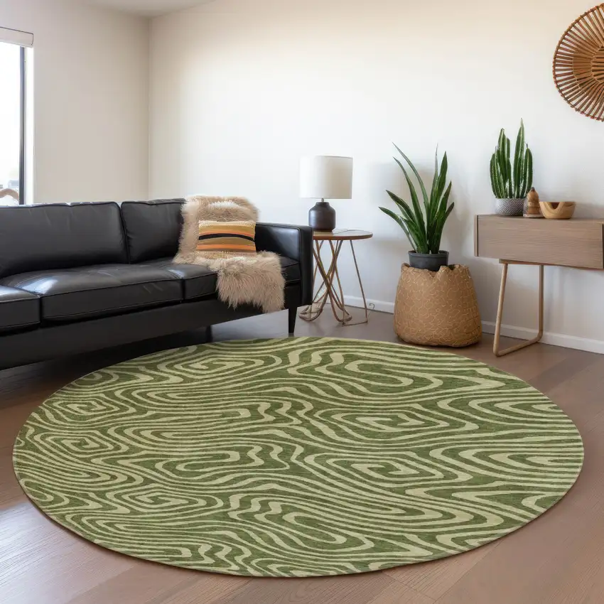 8' Olive Green And Beige Abstract Washable Round Rug With UV Protection Photo 4