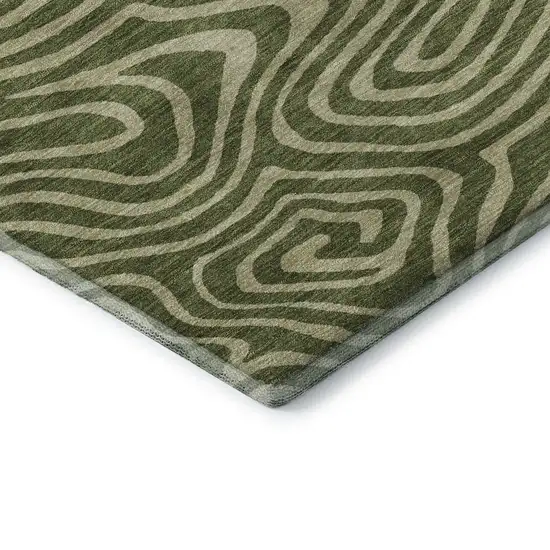 8' Olive Green And Beige Abstract Washable Round Rug With UV Protection Photo 6