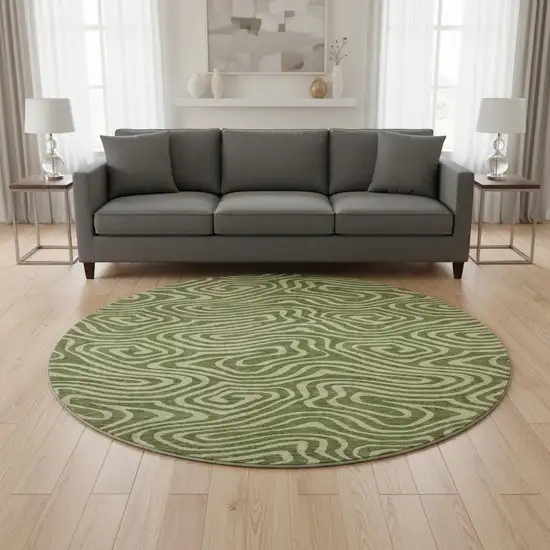 8' Olive Green And Beige Abstract Washable Round Rug With UV Protection Photo 2