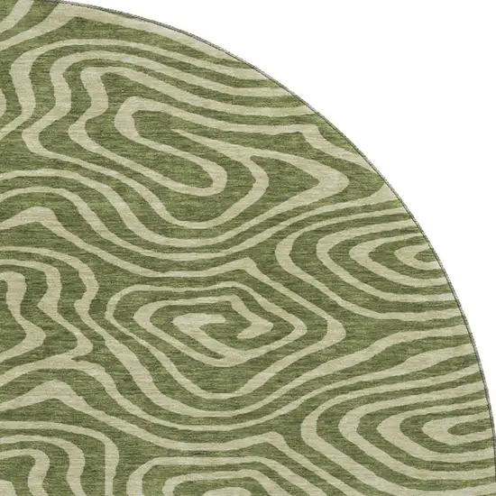 8' Olive Green And Beige Abstract Washable Round Rug With UV Protection Photo 2