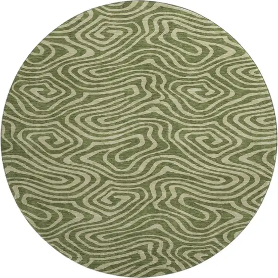 8' Olive Green And Beige Abstract Washable Round Rug With UV Protection Photo 1