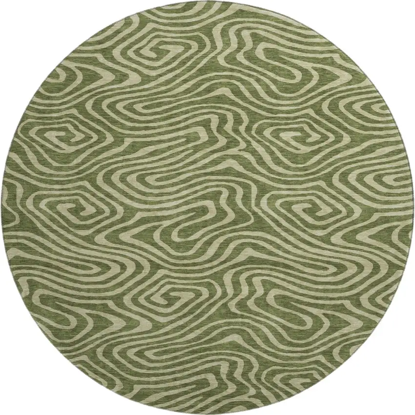 8' Olive Green And Beige Abstract Washable Round Rug With UV Protection Photo 1