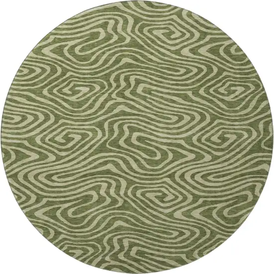8' Olive Green And Beige Abstract Washable Round Rug With UV Protection Photo 3