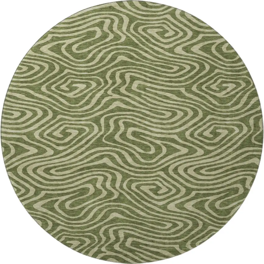 8' Olive Green And Beige Abstract Washable Round Rug With UV Protection Photo 3