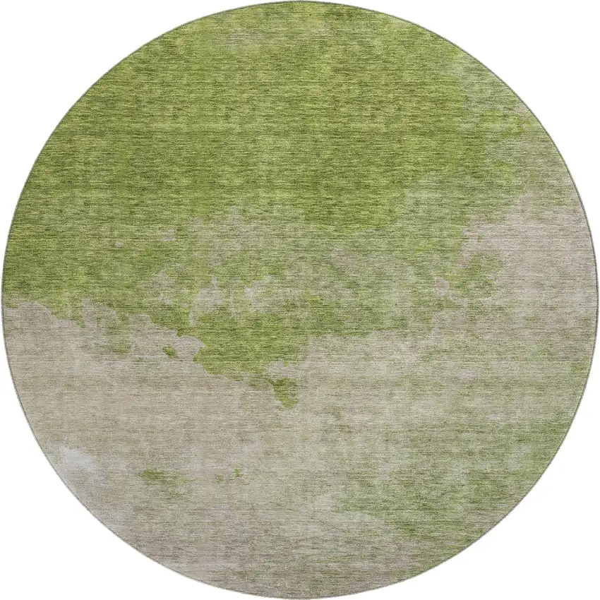 8' Olive Green And Beige Abstract Washable Round Rug With UV Protection Photo 1