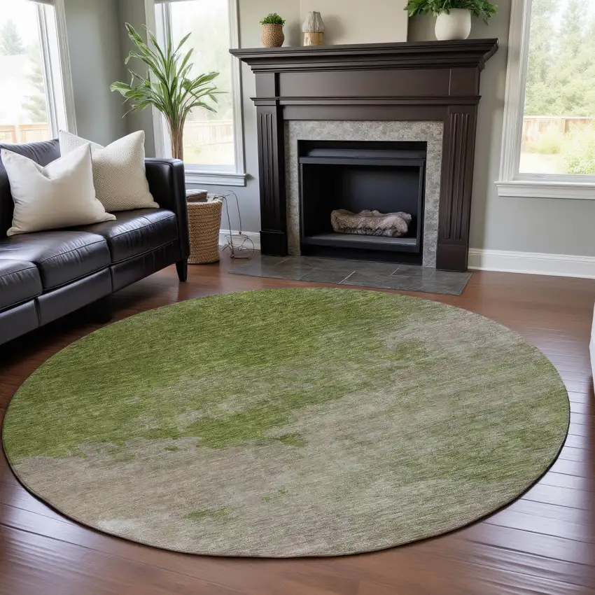 8' Olive Green And Beige Abstract Washable Round Rug With UV Protection Photo 4