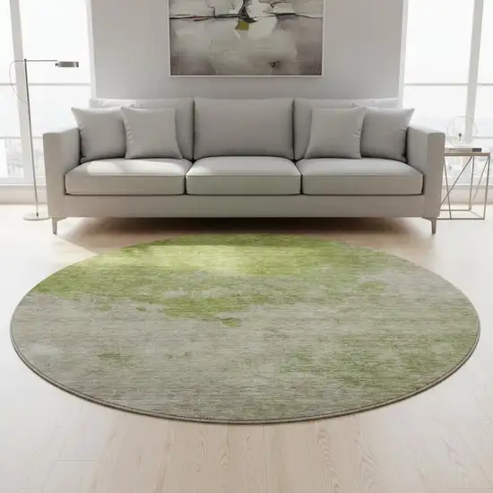 8' Olive Green And Beige Abstract Washable Round Rug With UV Protection Photo 2