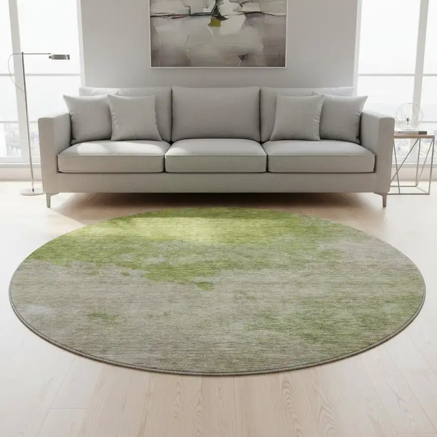 8' Olive Green And Beige Abstract Washable Round Rug With UV Protection Photo 2
