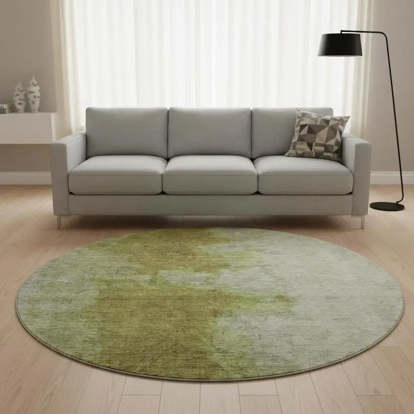 8' Olive Green And Beige Abstract Washable Round Rug With UV Protection Photo 2