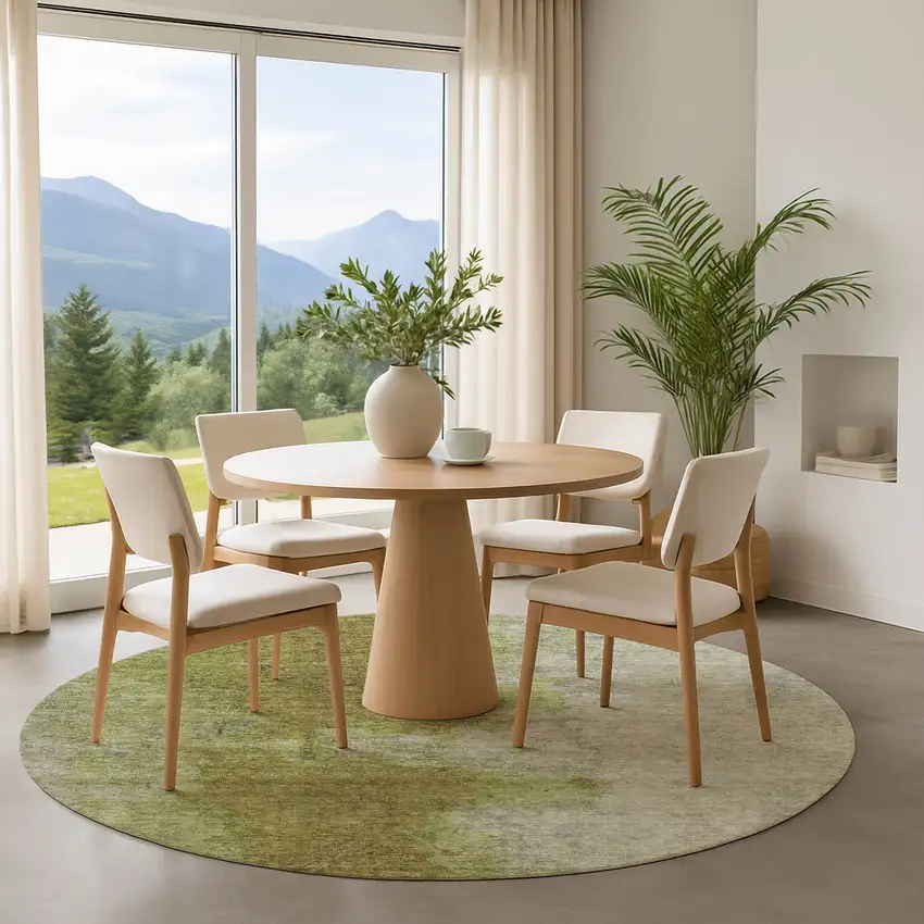 8' Olive Green And Beige Abstract Washable Round Rug With UV Protection Photo 4