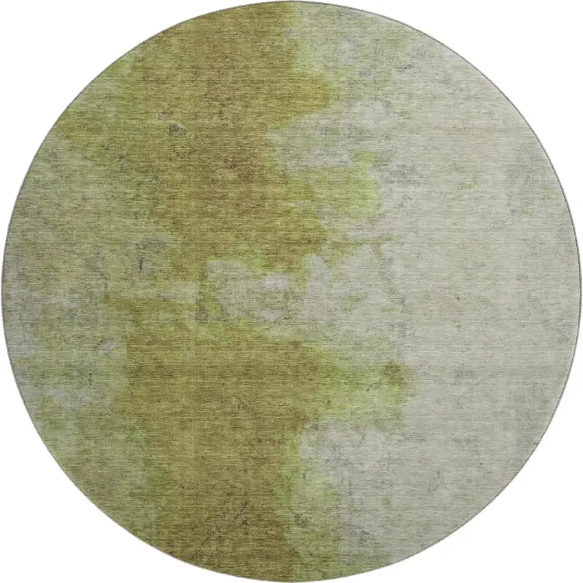 8' Olive Green And Beige Abstract Washable Round Rug With UV Protection Photo 1