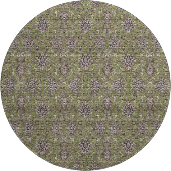 8' Olive Green And Beige Floral Washable Round Rug With UV Protection Photo 1