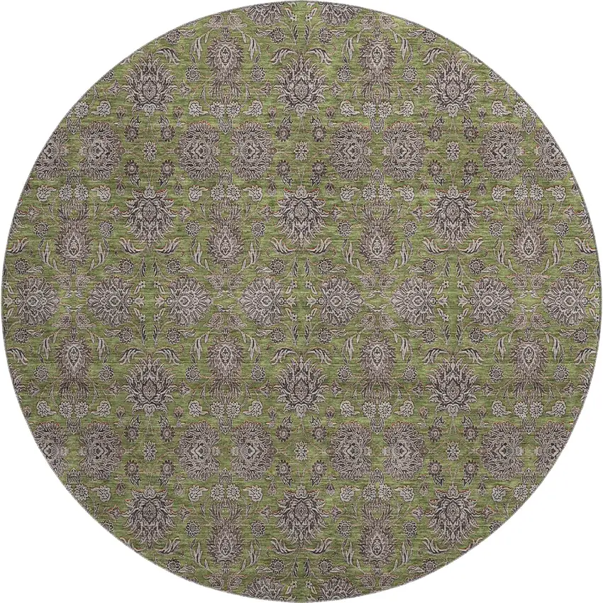 8' Olive Green And Beige Floral Washable Round Rug With UV Protection Photo 1