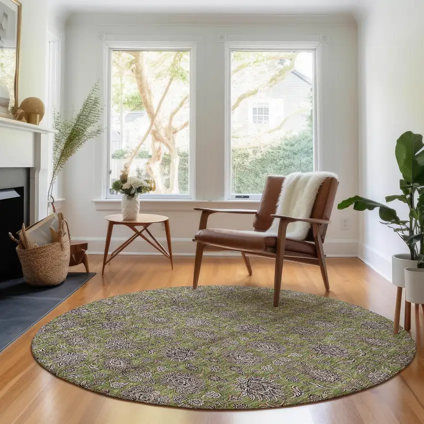 8' Olive Green And Beige Floral Washable Round Rug With UV Protection Photo 4