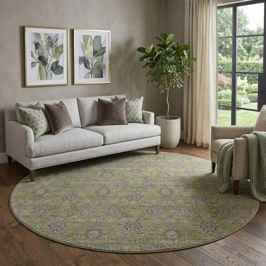 8' Olive Green And Beige Floral Washable Round Rug With UV Protection Photo 1
