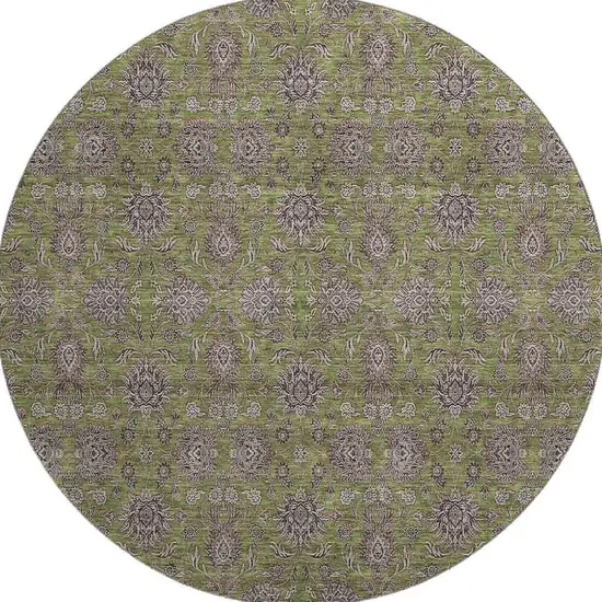 8' Olive Green And Beige Floral Washable Round Rug With UV Protection Photo 3