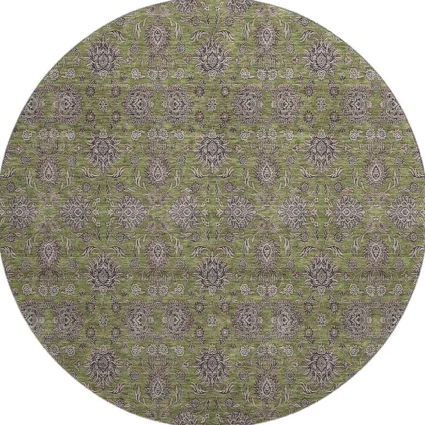 8' Olive Green And Beige Floral Washable Round Rug With UV Protection Photo 3