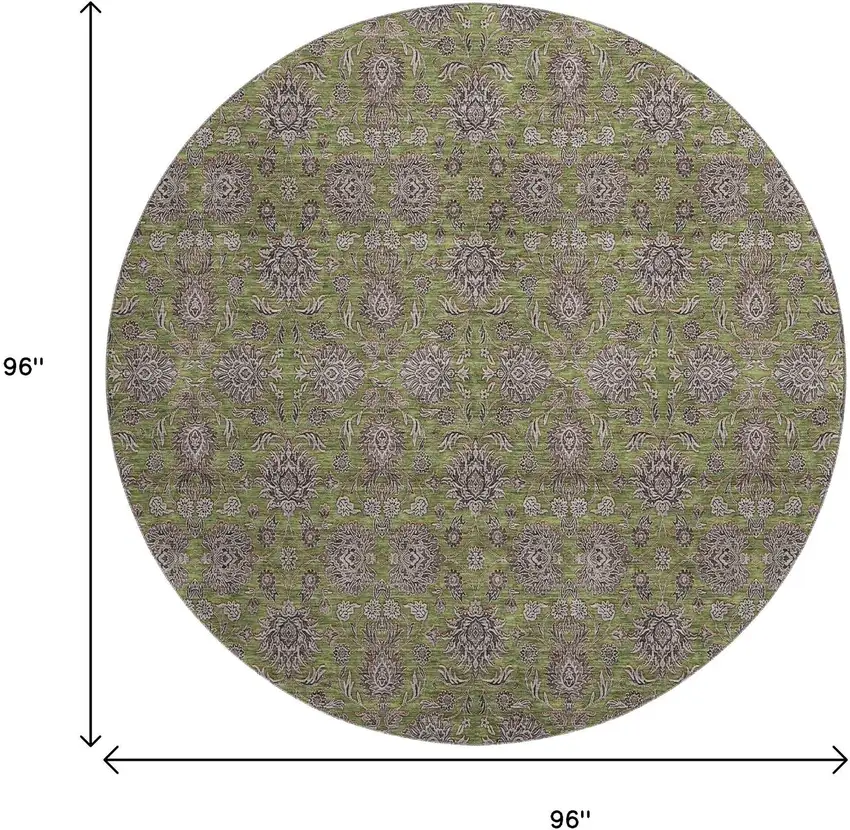 8' Olive Green And Beige Floral Washable Round Rug With UV Protection Photo 5