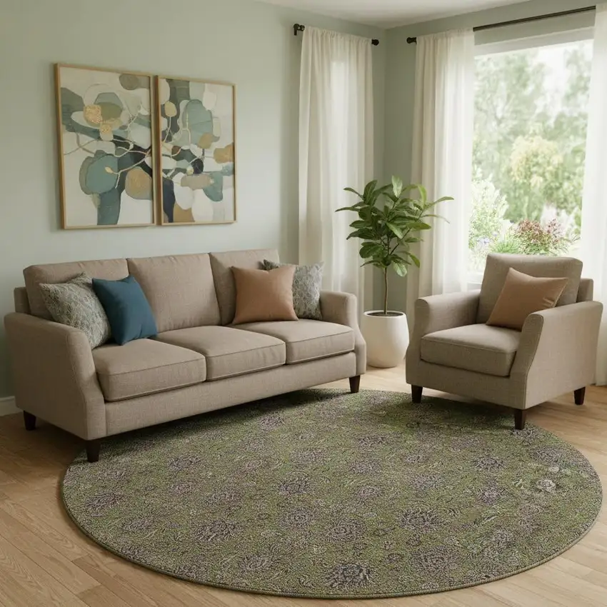 8' Olive Green And Beige Floral Washable Round Rug With UV Protection Photo 1