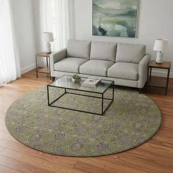 8' Olive Green And Beige Floral Washable Round Rug With UV Protection Photo 2