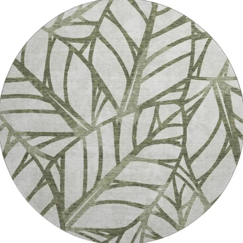 8' Olive Green And Beige Floral Washable Round Rug With UV Protection Photo 4
