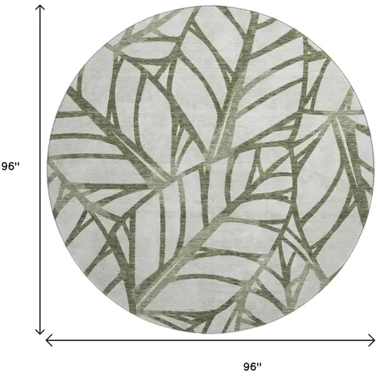 8' Olive Green And Beige Floral Washable Round Rug With UV Protection Photo 3