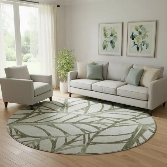 8' Olive Green And Beige Floral Washable Round Rug With UV Protection Photo 1