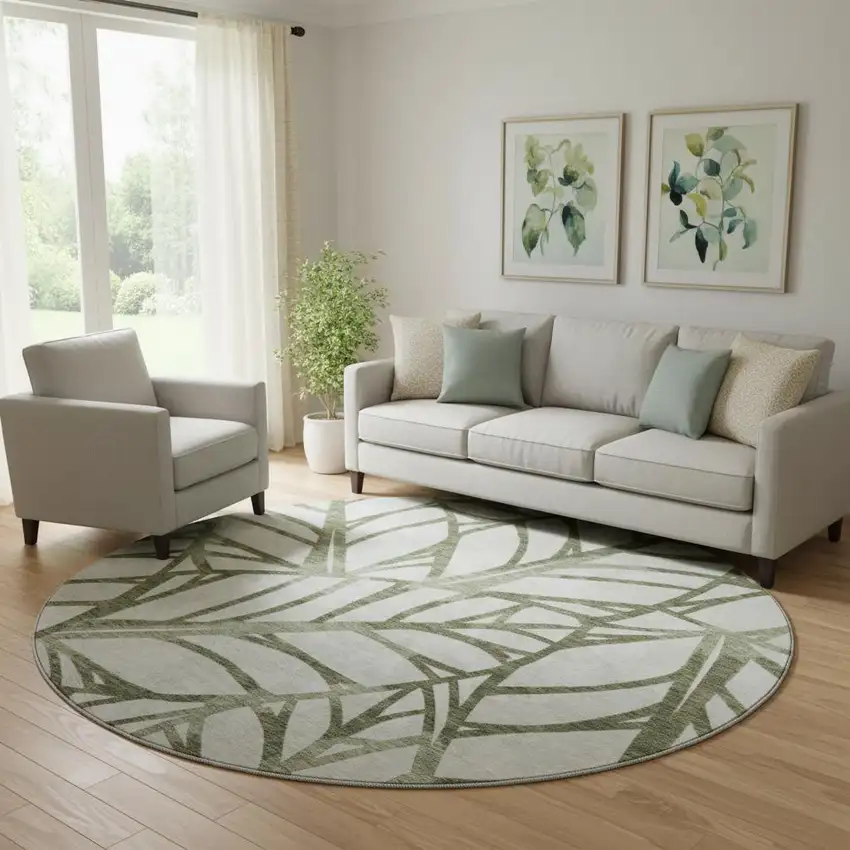 8' Olive Green And Beige Floral Washable Round Rug With UV Protection Photo 1