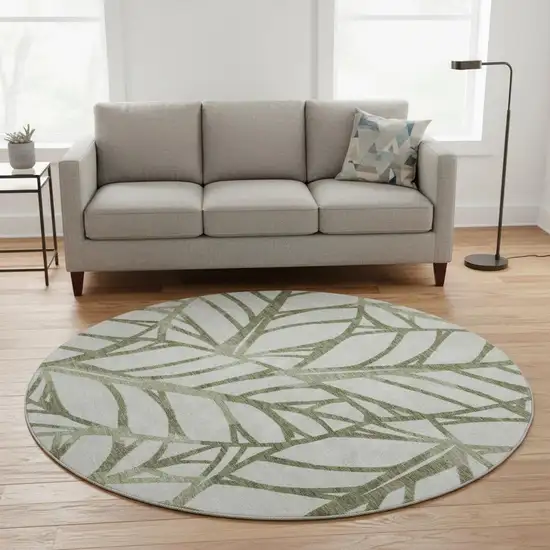 8' Olive Green And Beige Floral Washable Round Rug With UV Protection Photo 2