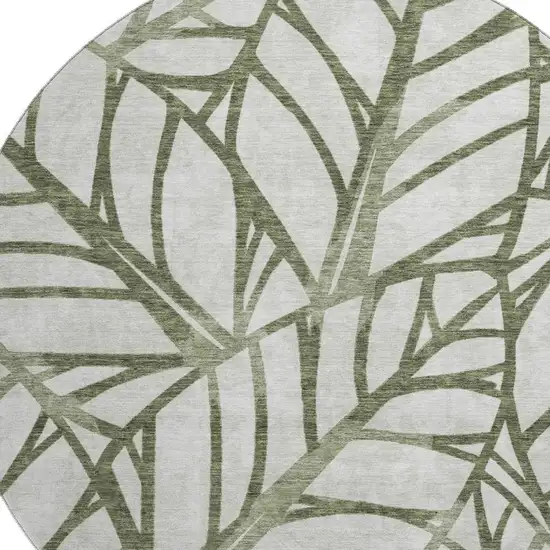 8' Olive Green And Beige Floral Washable Round Rug With UV Protection Photo 3