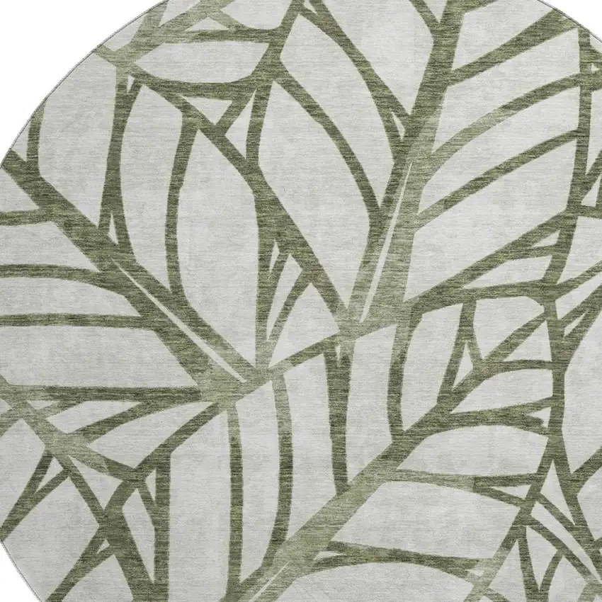8' Olive Green And Beige Floral Washable Round Rug With UV Protection Photo 3