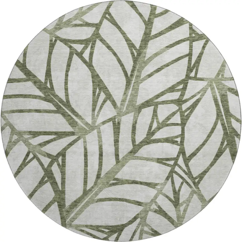 8' Olive Green And Beige Floral Washable Round Rug With UV Protection Photo 1