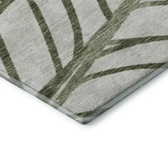 8' Olive Green And Beige Floral Washable Round Rug With UV Protection Photo 7